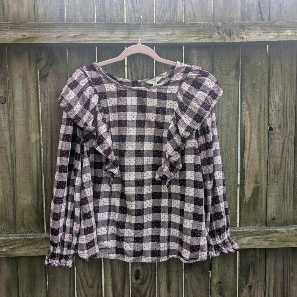 Terra & Sky Black, White, & Red Buffalo Check Plaid Cross Ruffled Print Top